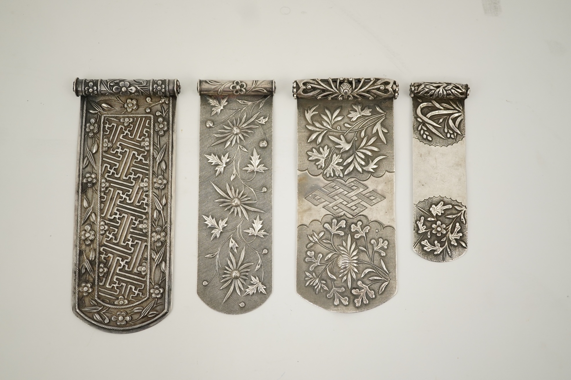 Four Chinese silver hair ornaments, bian fang, late 19th century